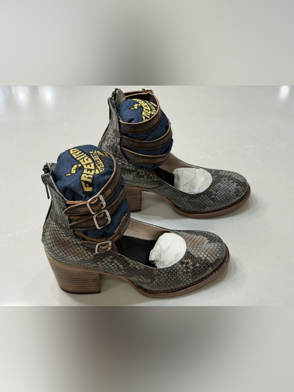 Freebird by Steven Randi Blue Multi Snake Leather Booties Heels 6